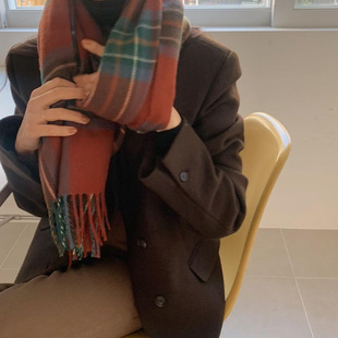 Korean style pink checkered scarf imitating cashmere winter purple scarf 2022 autumn and winter new style widened scarf shawl pic 4