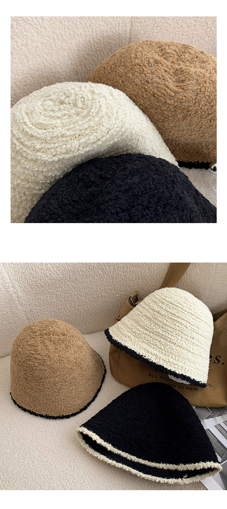 黑色针织毛绒渔夫帽女秋冬季韩版大头围水桶帽日系百搭显脸小帽子详情8