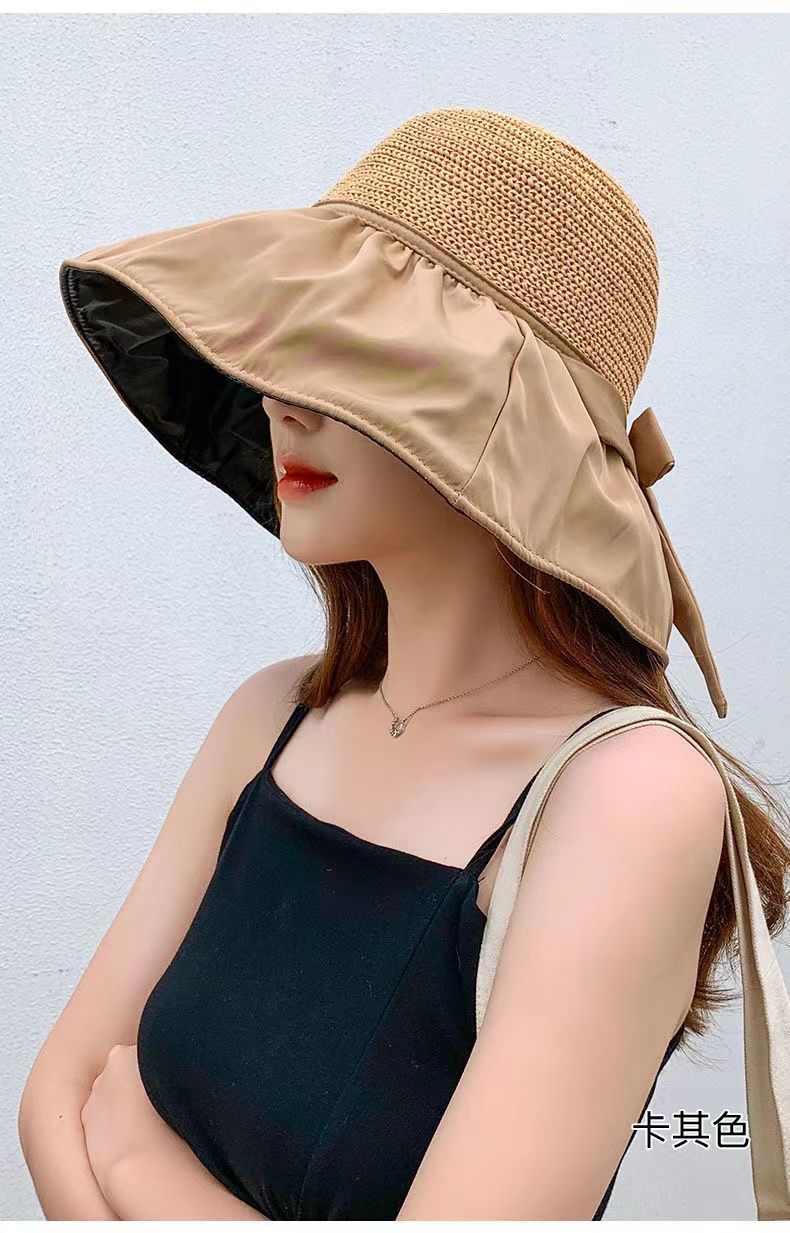 夏季防晒黑胶蝴蝶结遮阳帽女日韩帽子防紫外线大檐遮脸太阳空顶帽详情12
