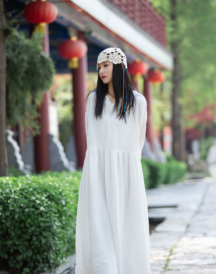 Spring and summer V-neck textured natural linen loose robe, double-layer large hem elegant long dress, retro fairy dress pic 21