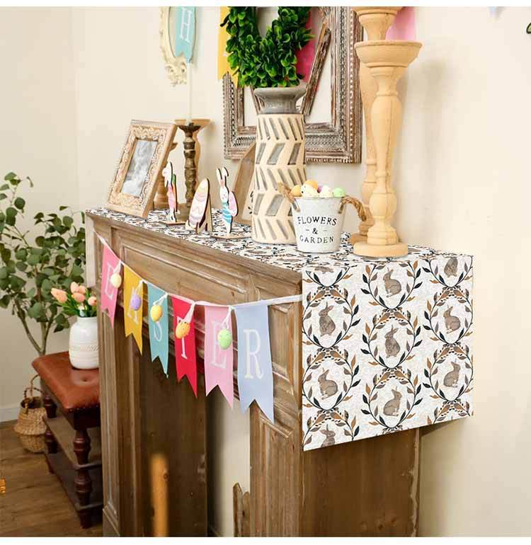 新款复活节桌旗跨境亚麻兔子植物印花桌布节日派对餐桌装饰台布垫详情10