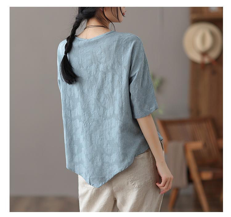 复古薄款盘扣防亚麻上衣女士夏季短袖不规则白色T恤打底棉麻衬衣详情9