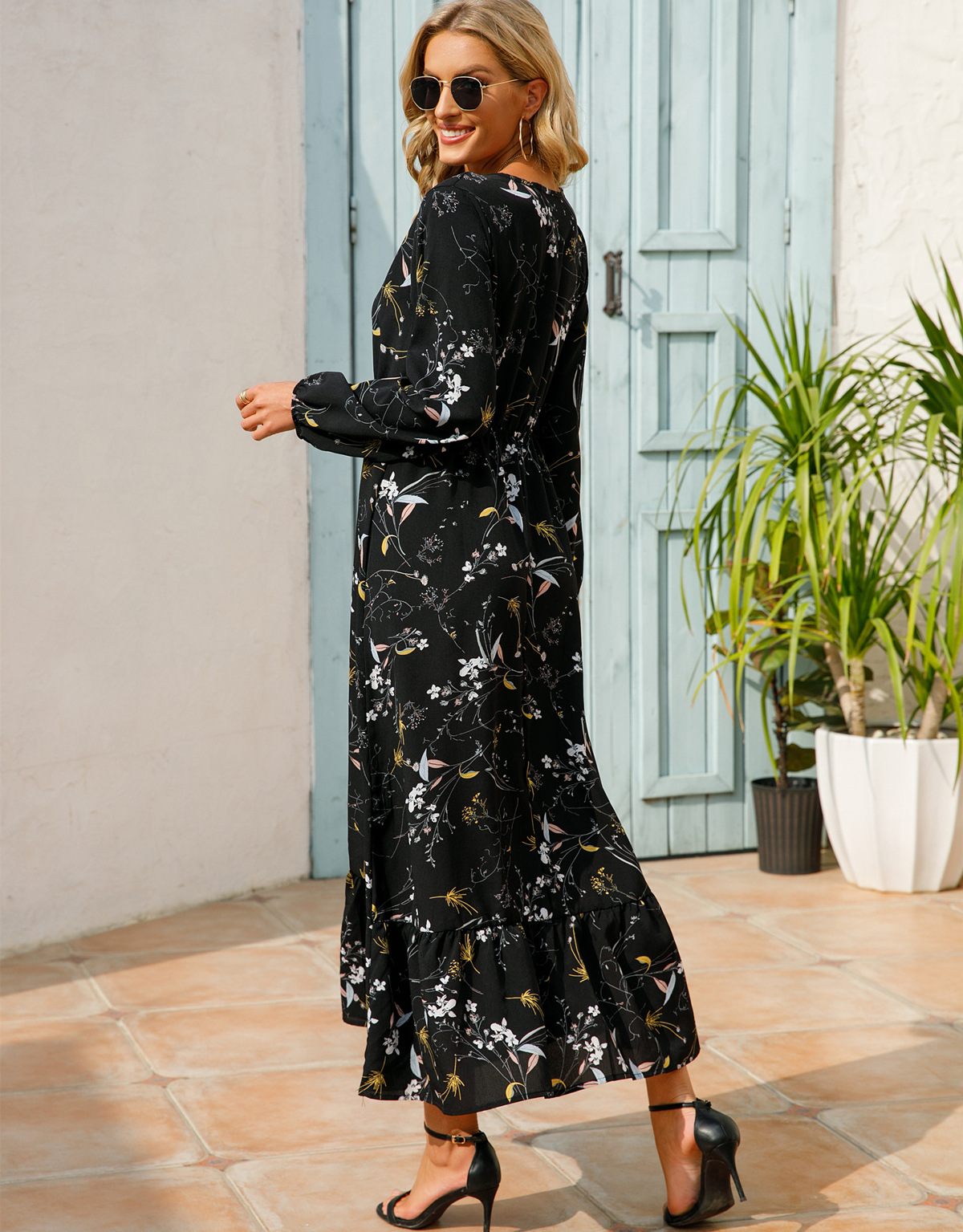 European and American floral long, round-neck, long-sleeved, waist-cinching and slimming dress pic 23
