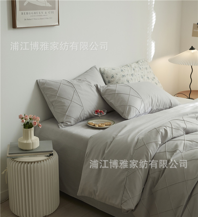 Wholesale of high-quality three or four-piece sets of washed cotton 40-count hand-knitted rhombus-shaped checkered plain pure cotton bedding pic 57