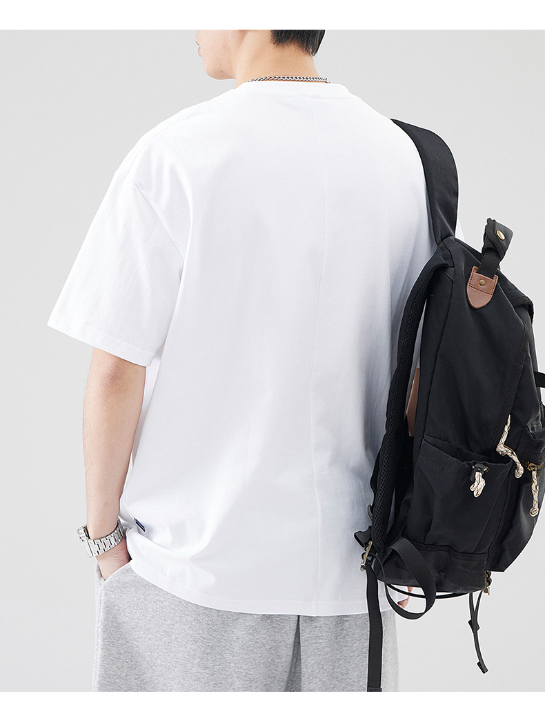 古川男装|日系复古拼接全棉短袖男士宽松大码简约纯色百搭体恤男详情15