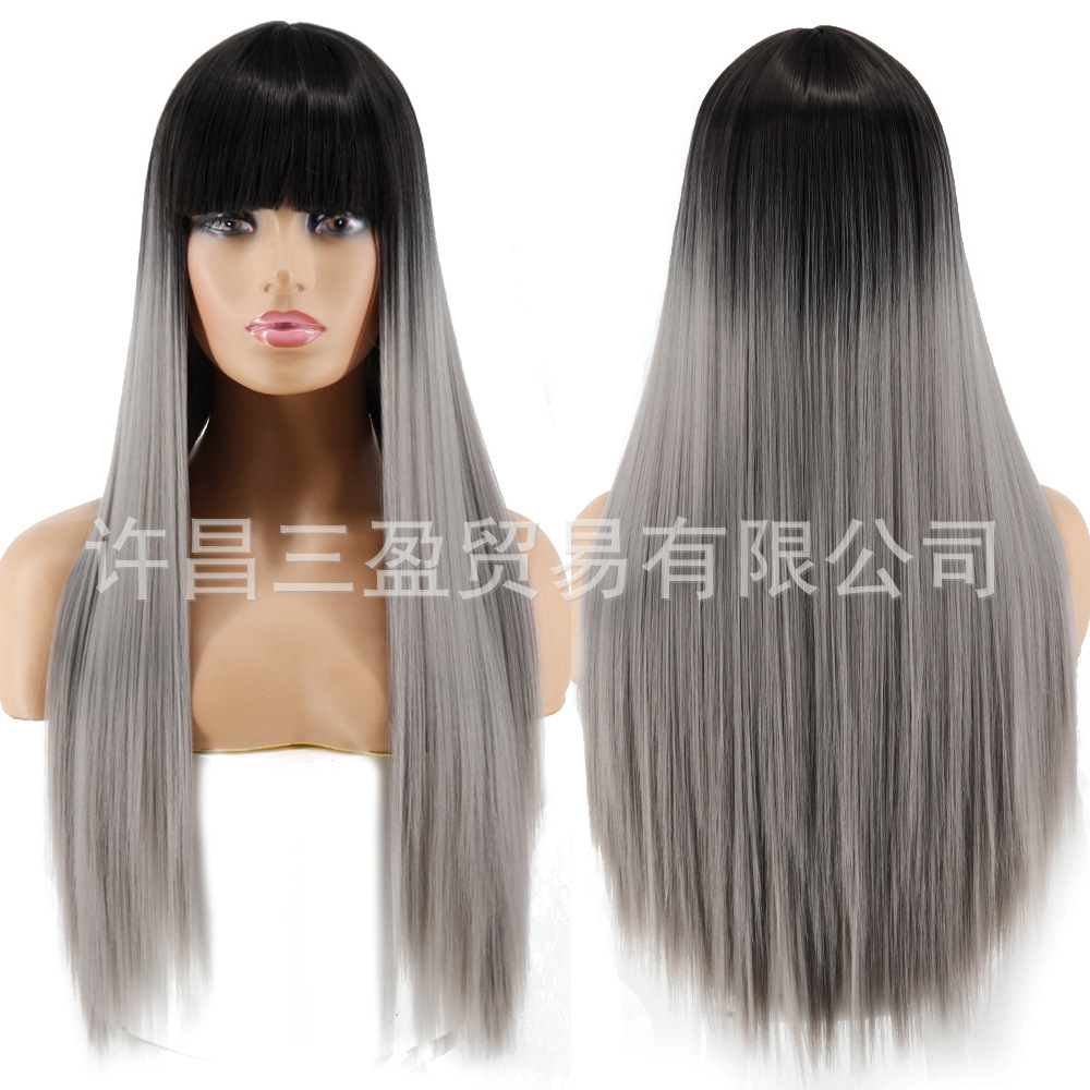 Wholesale of European and American cross-border wigs with straight bangs and long, straight hair made of high-temperature synthetic fiber pic 23