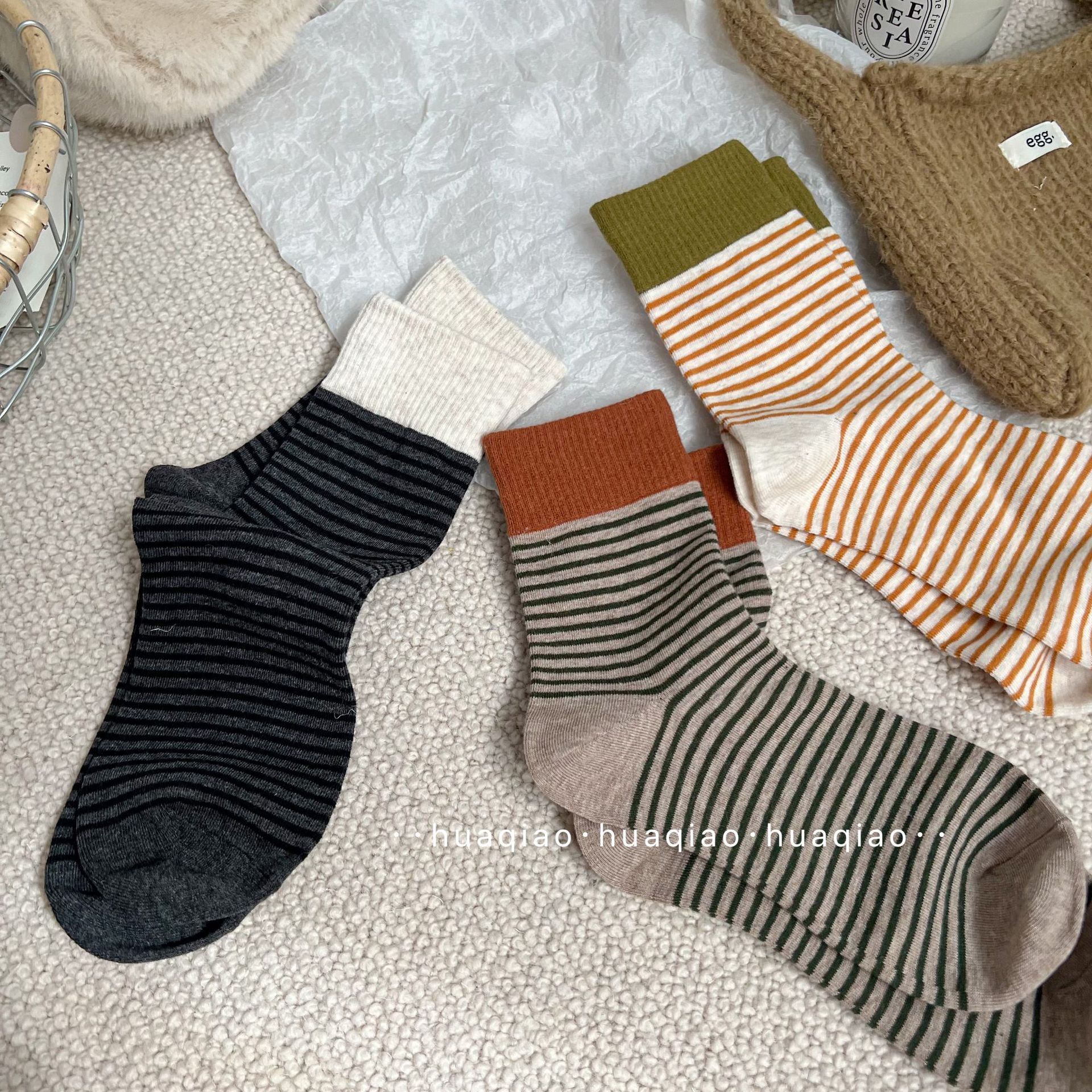 美拉德ins东大门撞色罗口条纹袜秋冬季堆堆袜休闲中筒袜女生袜子详情6