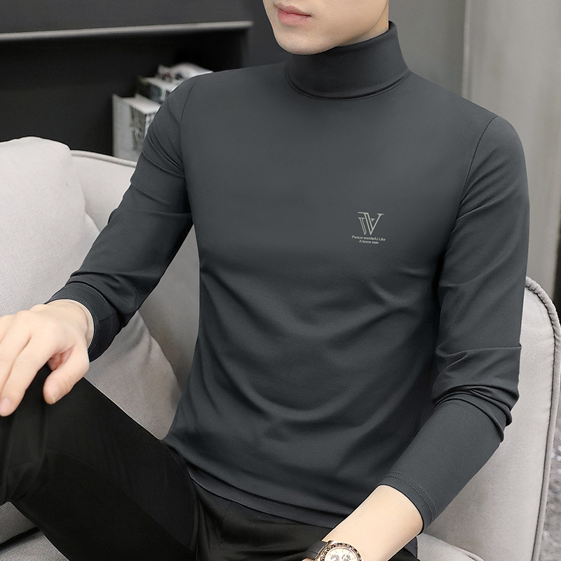 莫代尔长袖t恤男士修身型上衣春秋内搭中领青年男士半高领打底衫详情4