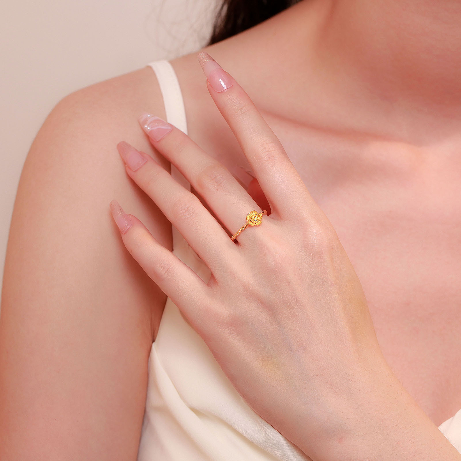 S999纯银足银戒指山茶花开口可调节素银指环抖音小红书手饰礼物详情3