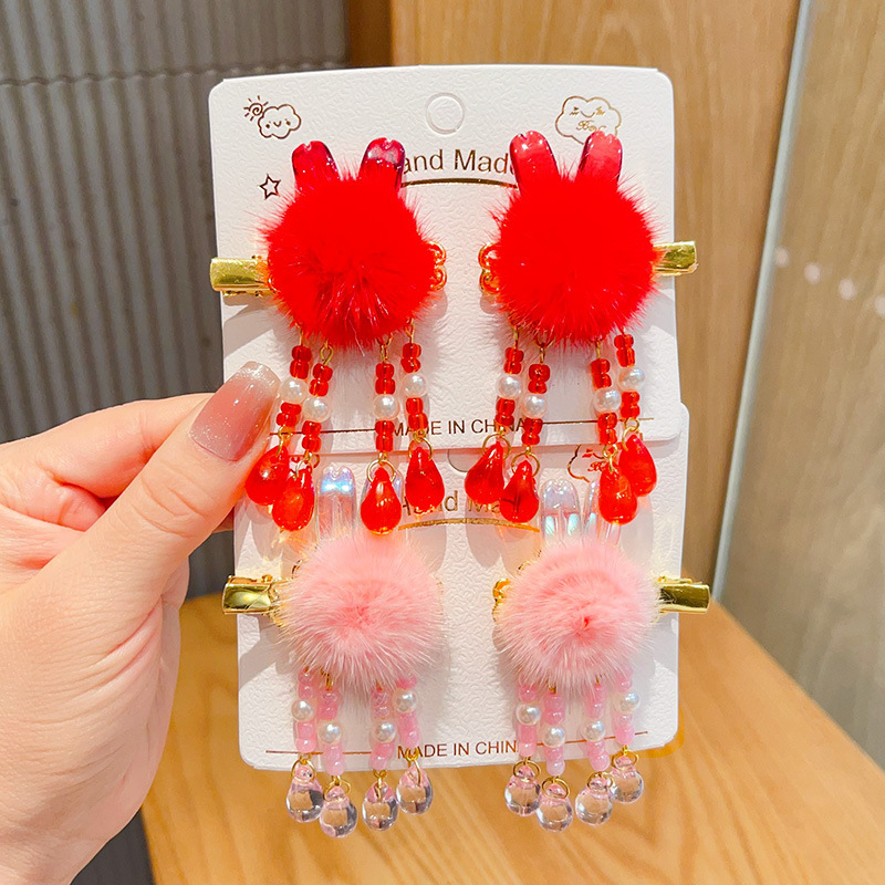 新年款红色古风流苏发夹儿童汉服发卡头饰女童复古蝴蝶结发夹发饰详情35