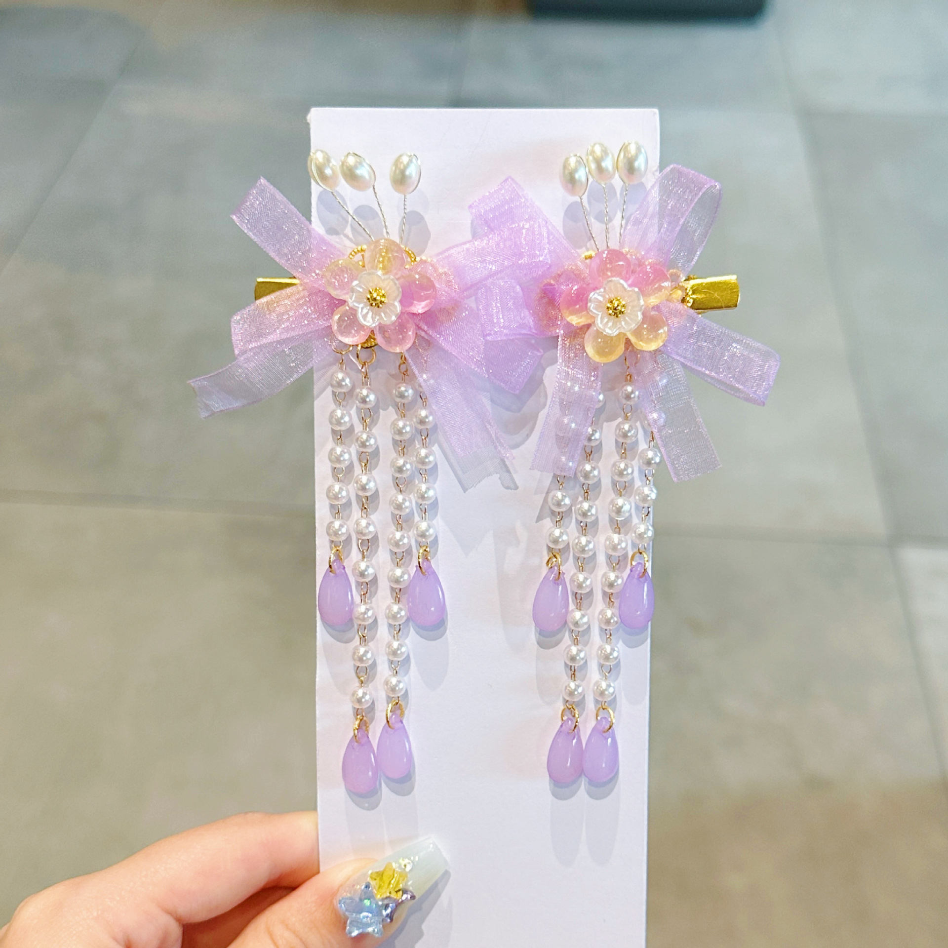 儿童发夹 国潮系列新款古风花朵蝴蝶珍珠流苏中国风琉璃对夹女孩汉服头饰详情38