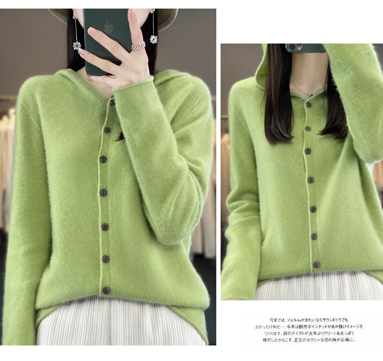 女士连帽100羊毛衫开衫百搭秋冬新款纯色一线成衣潮卫衣针织外套详情19