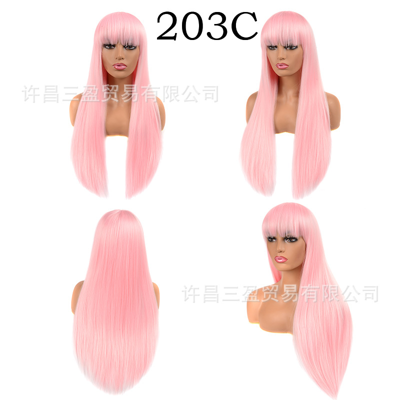 Wholesale of European and American cross-border wigs with straight bangs and long, straight hair made of high-temperature synthetic fiber pic 6