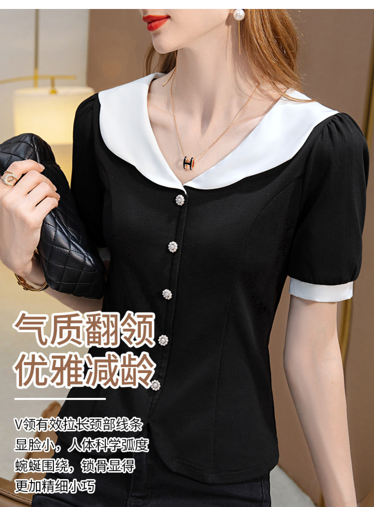 短袖t恤女2022新款女装时尚撞色v领棉体恤减龄娃娃领收腰扣子上衣详情5