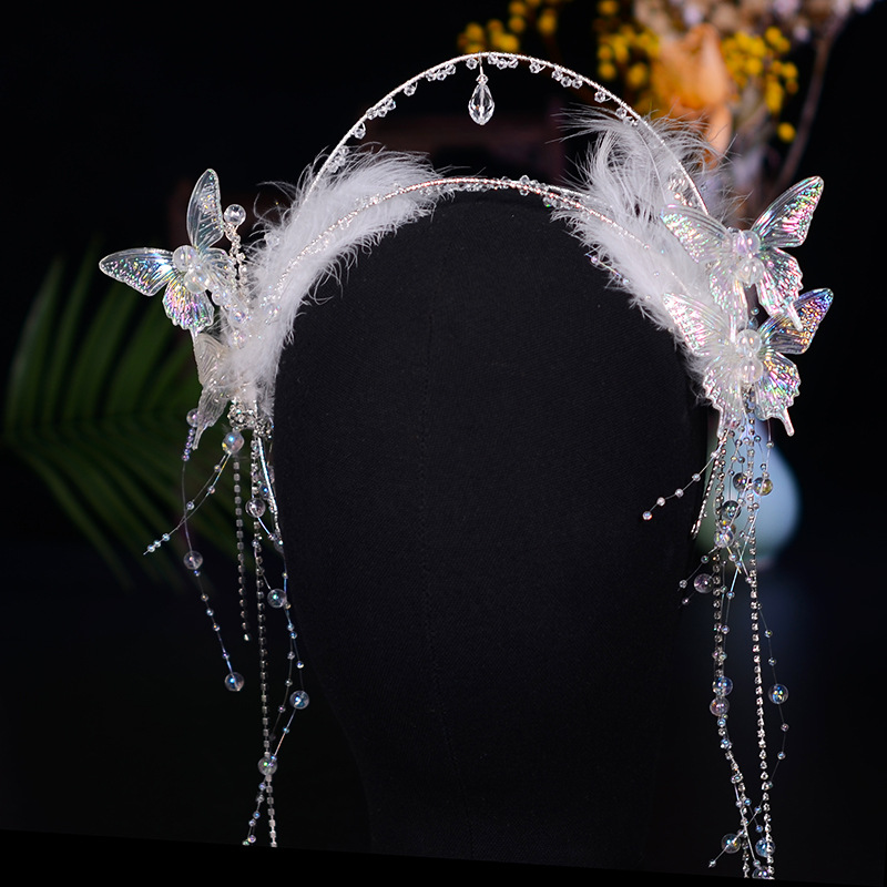 Handcrafted original Hanfu headband headwear, butterfly tassels, ancient and ethereal style for young girls, white feather headwear, lazy headband pic 4