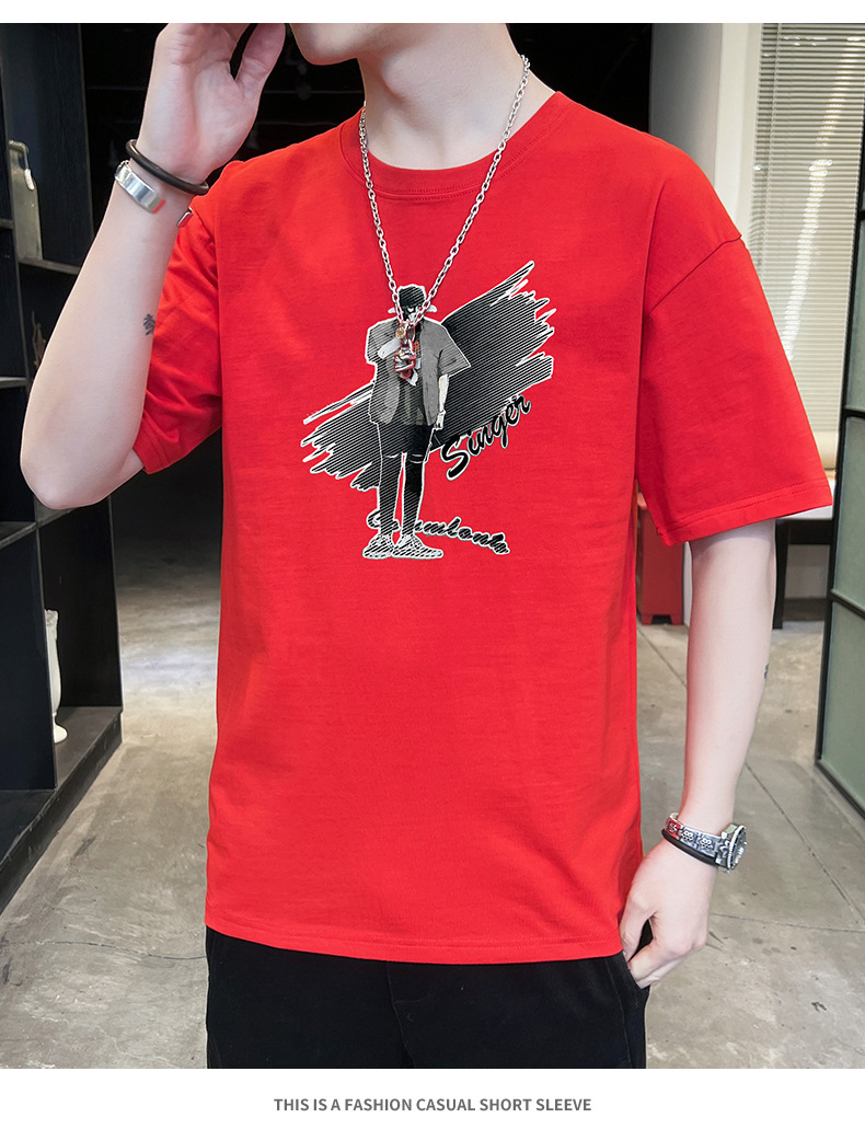 Short-sleeved T-shirt for men, 2022 Summer new Korean style trendy ins loose T-shirt, mid-sleeved cotton trendy brand, large size pic 60