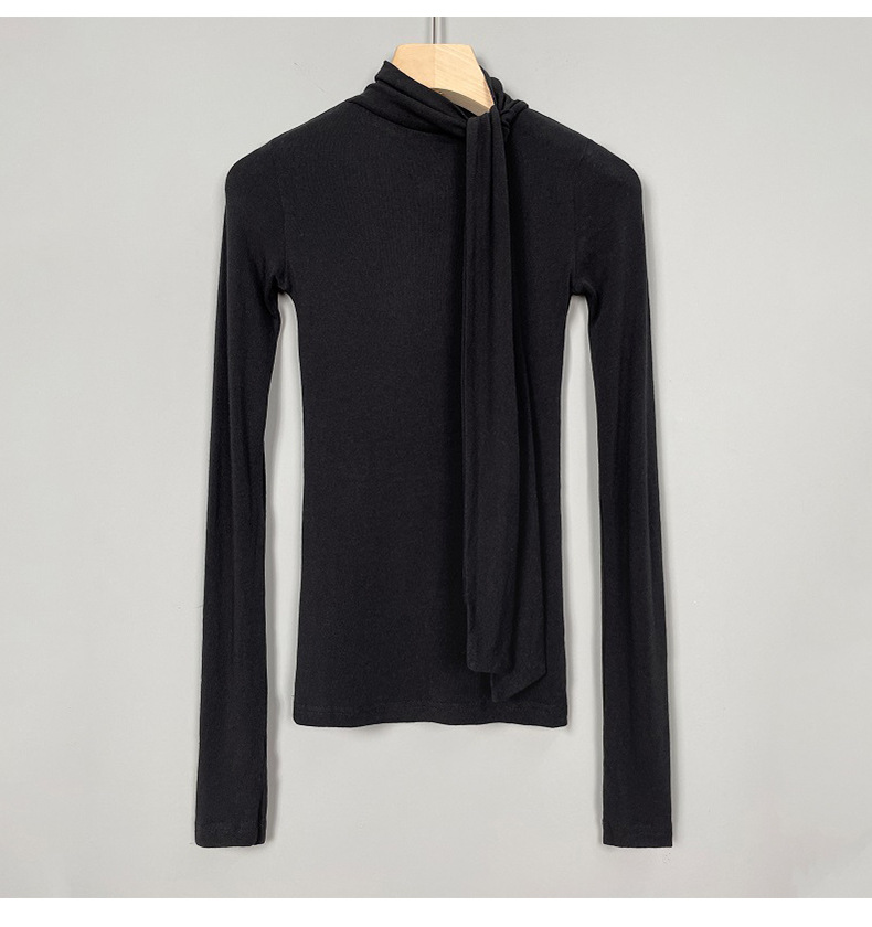 女人味飘带紧身高领长袖T恤女 韩国东大门新款温柔奶油粉女式上衣详情18