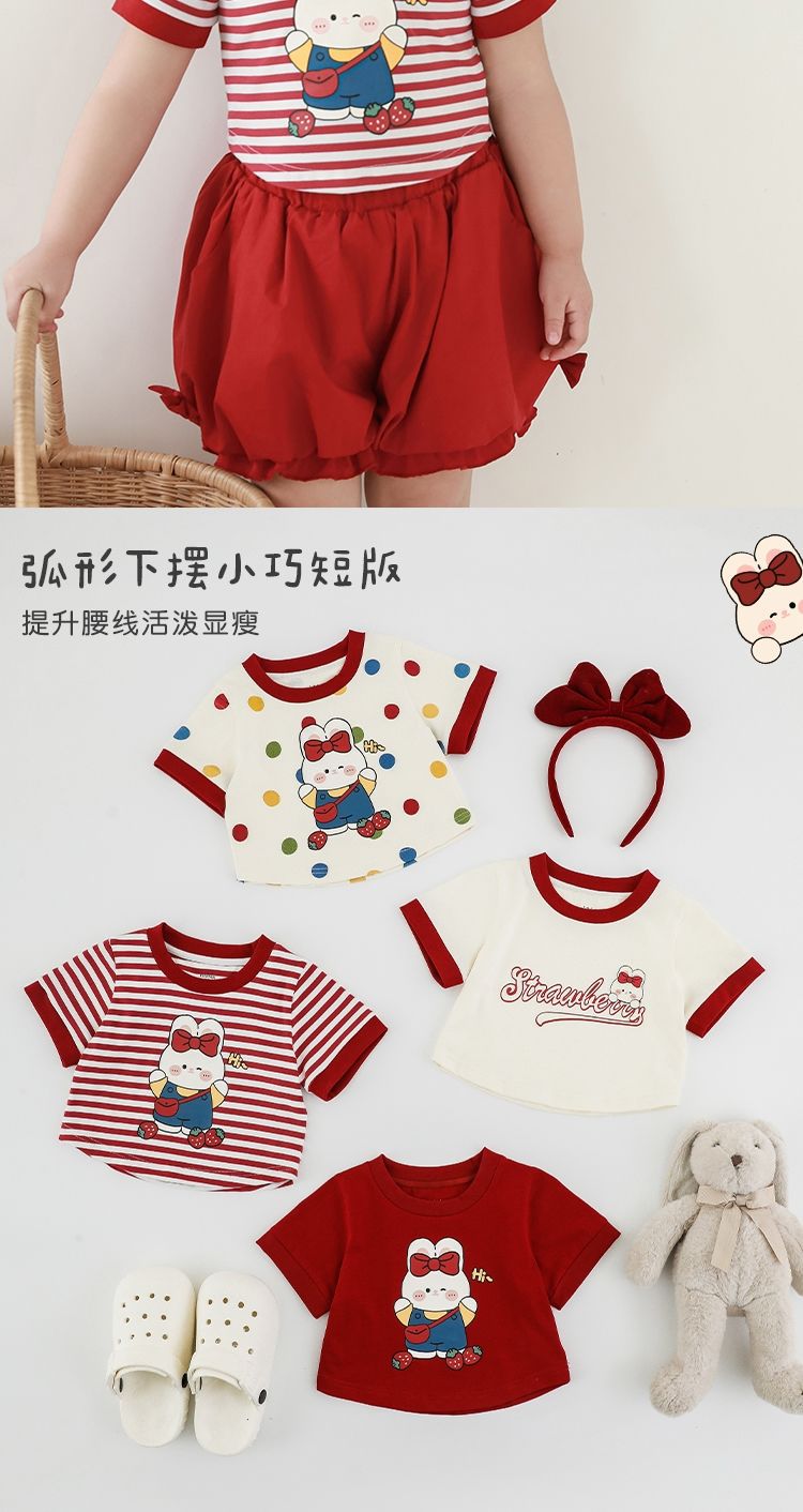 吾里卜一 女童小兔印花半袖T恤2024夏季儿童甜美可爱撞色短袖体恤详情3