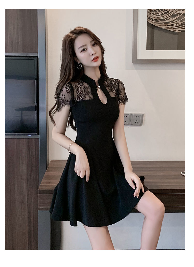 大码胖mm蕾丝连衣裙女夏2021年新款女旗袍改良版复古裙小黑裙高腰详情7