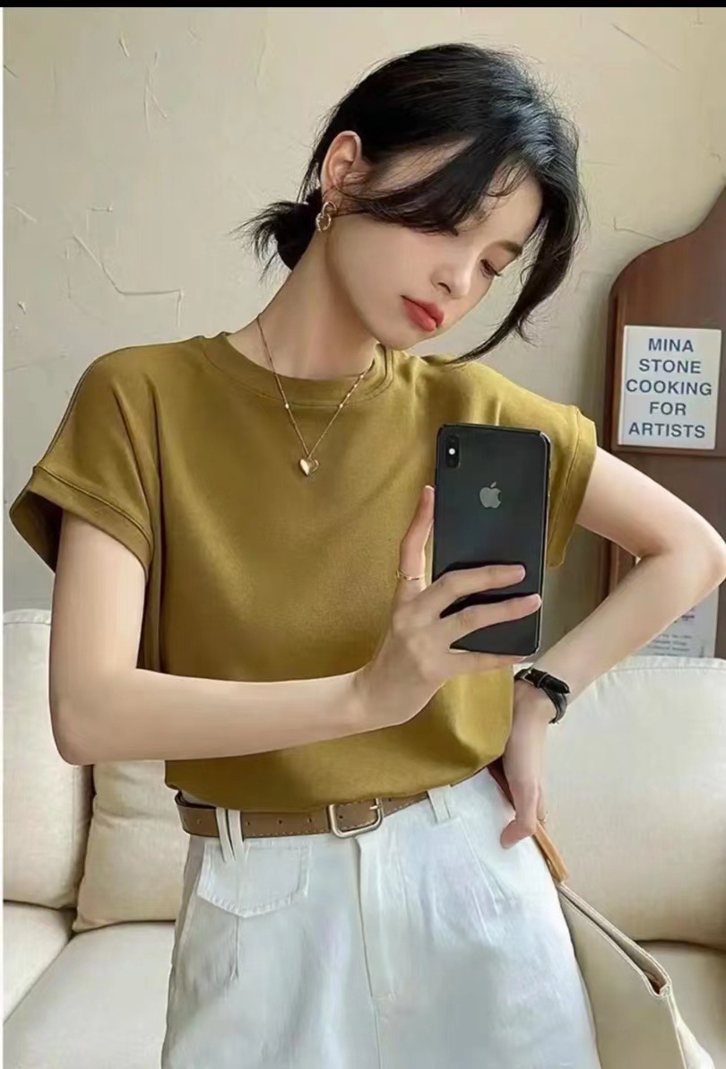 Feifei Sleeve short-sleeved T-shirt for women, 260g small Feifei sleeve solid color light version, one-sleeve European style thin top, base layer, sent on delivery pic 7
