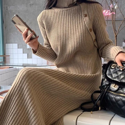 秋冬鱼尾针织连衣裙女过膝中长款打底内搭修身冬季配大衣的毛衣裙详情5