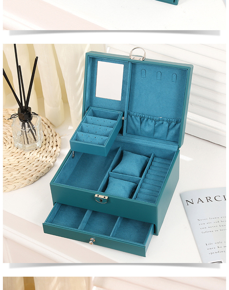 北欧爆款首饰收纳盒儿童珠宝盒亚马逊双层绒布抽屉带锁木质首饰盒详情23