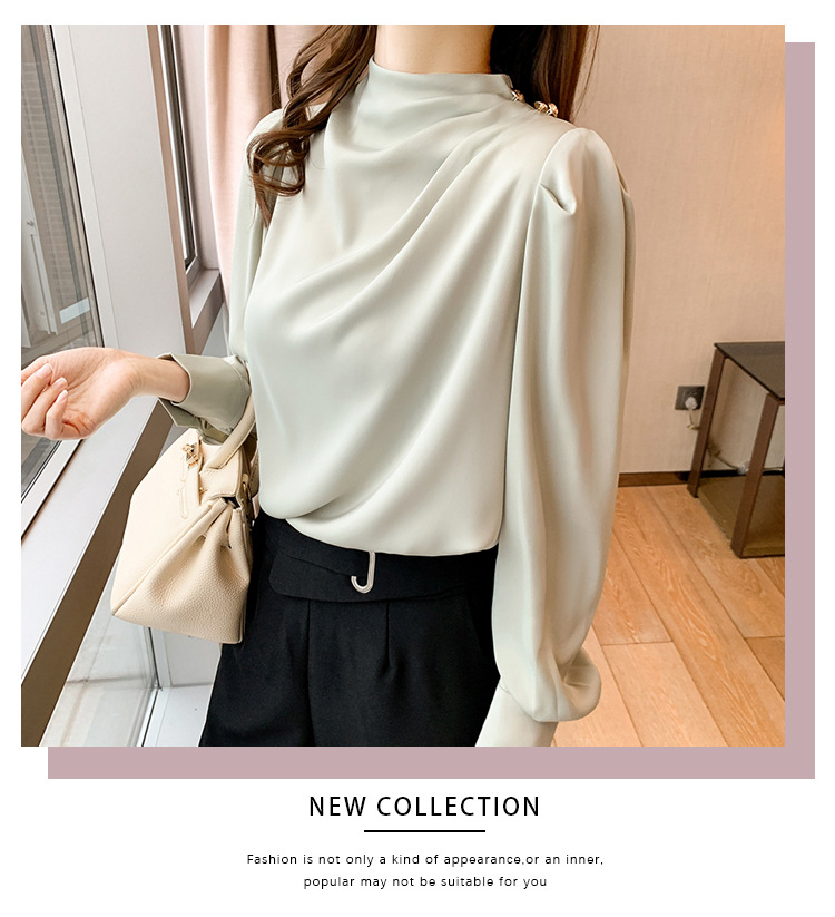 外贸供货2023轻熟气质立领褶皱灯笼袖时尚长袖上衣宽松女士衬衫详情46