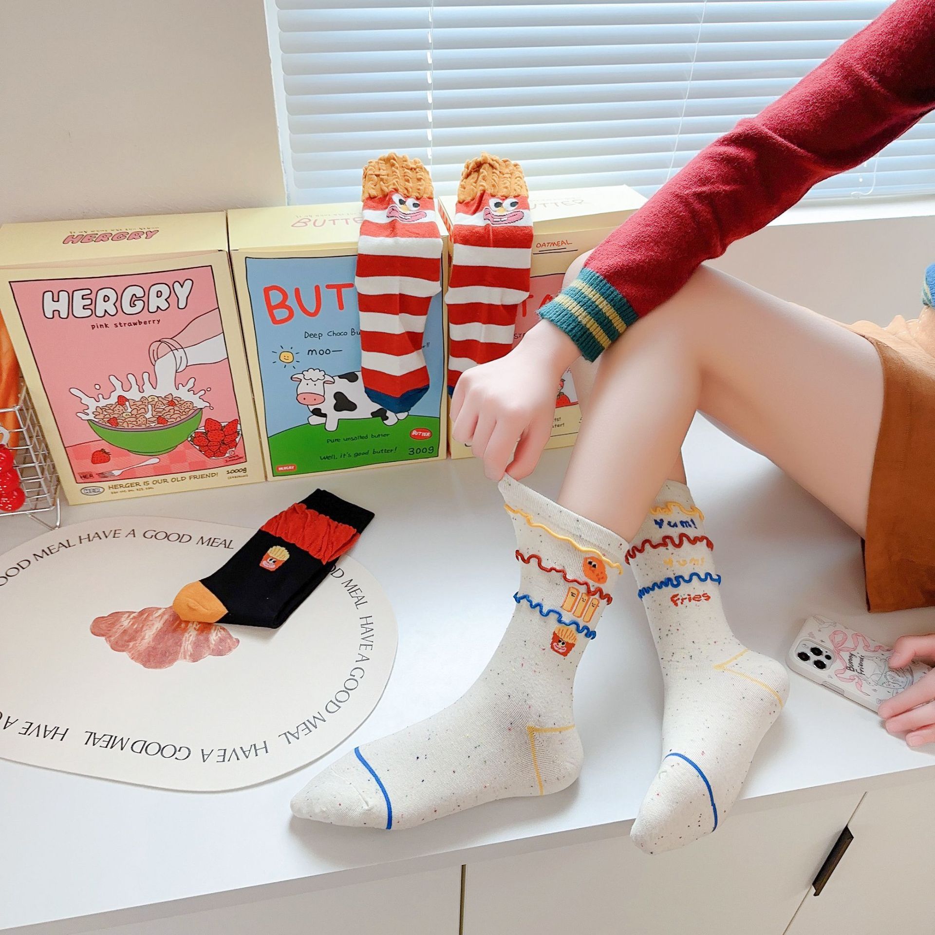 搞怪薯条袜子女春夏新款中筒袜可爱卡通堆堆袜抖音爆款 独立包装详情4