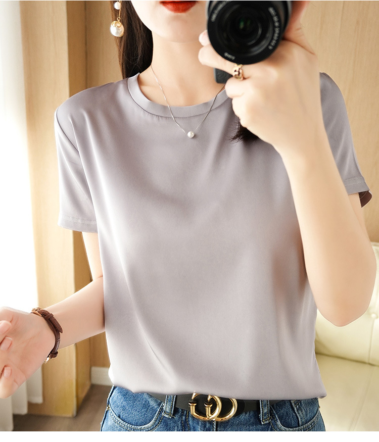 女款缎面短袖夏季纯色圆领高品质桑蚕丝女士休闲T恤代发包邮详情20