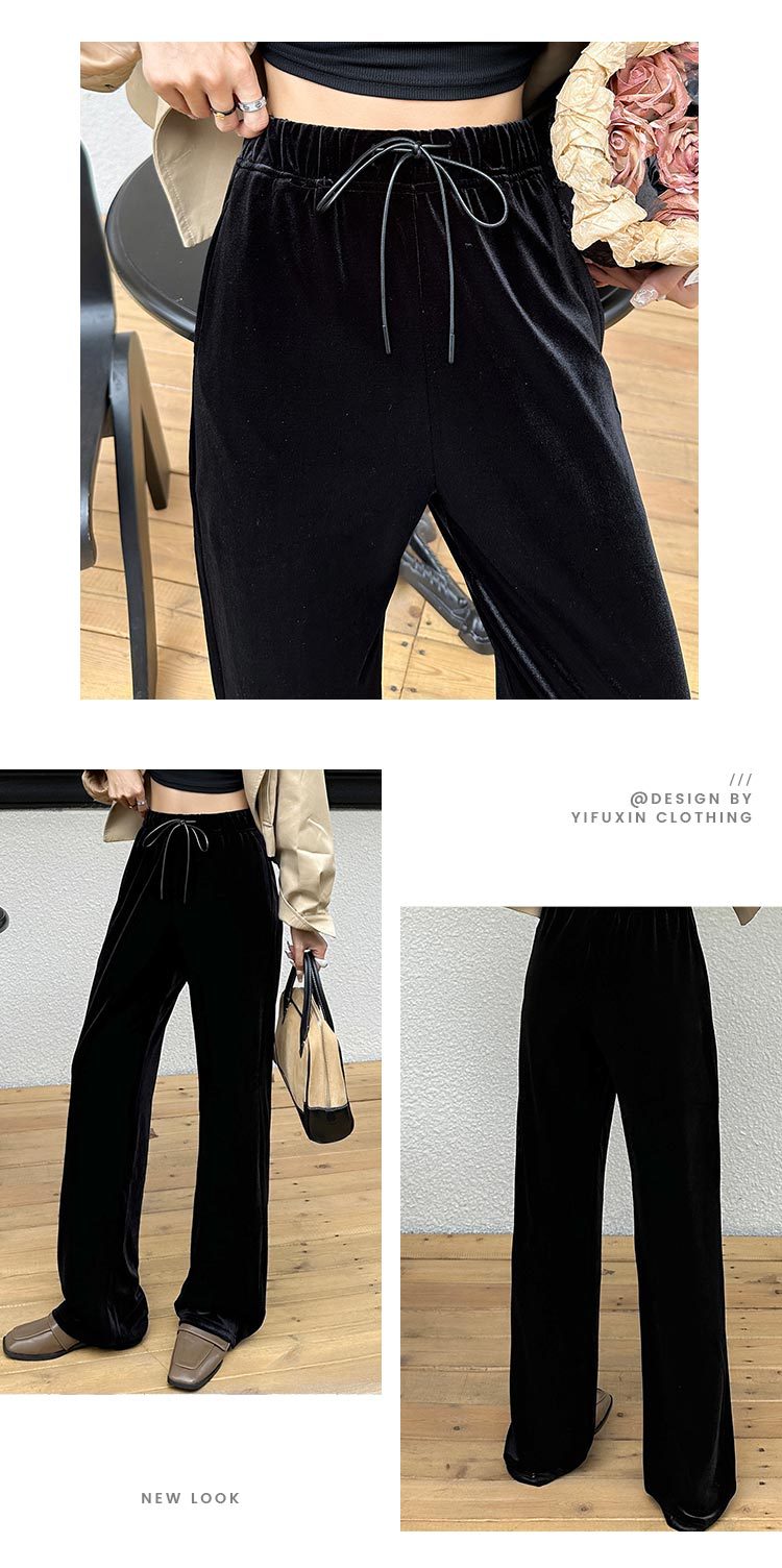 百搭休闲长裤松紧腰阔腿裤女秋冬季薄款垂感休闲宽松直筒裤黑色详情5