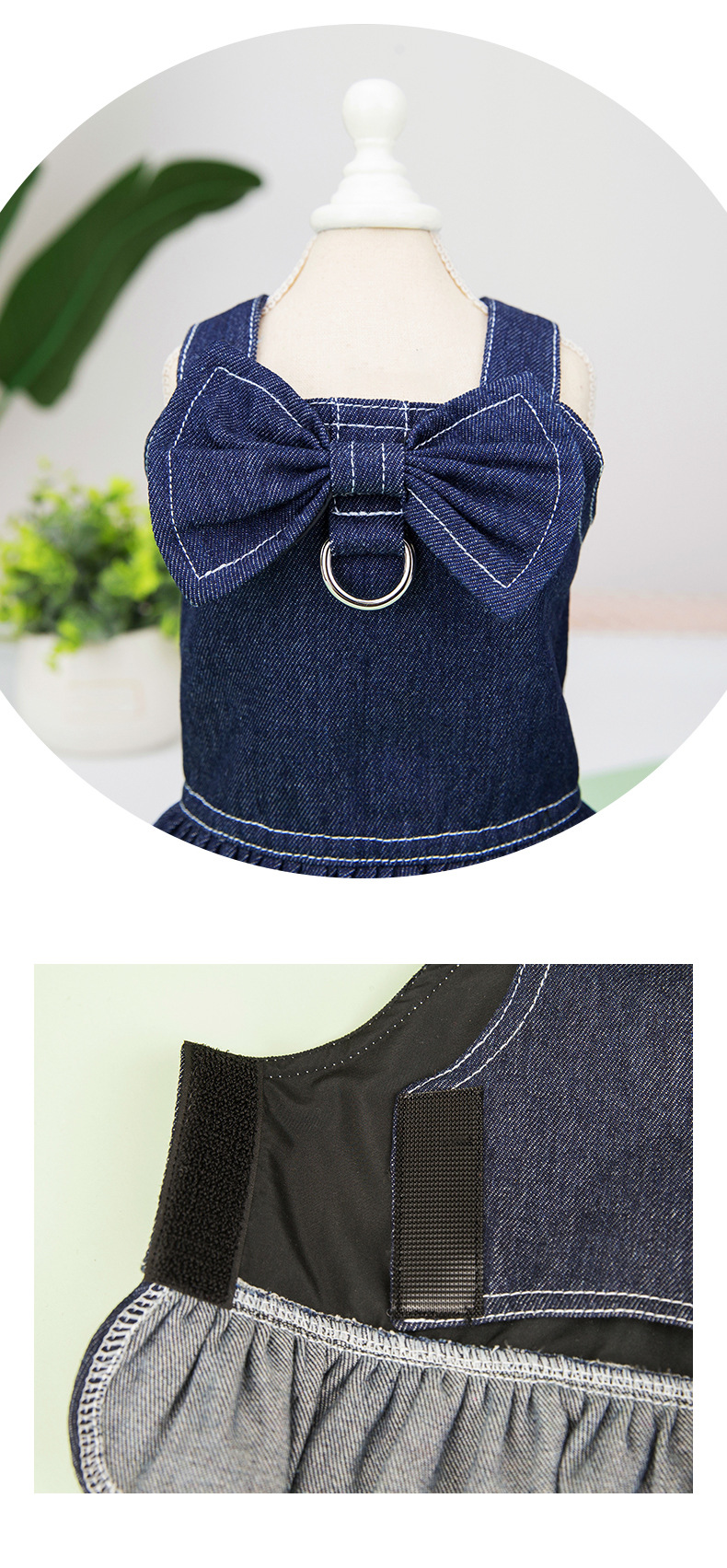 The pet cat big bow tie denim set features a D-shaped loop for pulling kittens and dogs as denim pet clothing pic 7