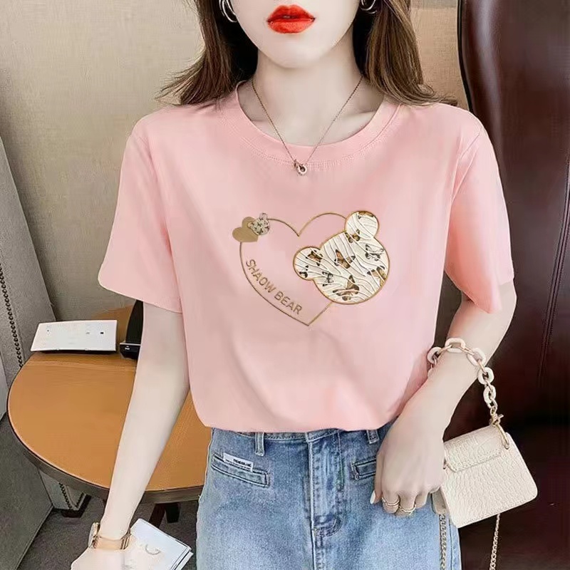 白色女士棉短袖T恤女2023新款夏季小个子体恤正肩大码印花上衣详情7