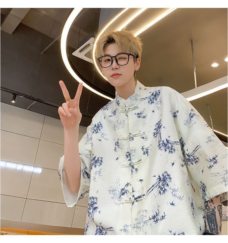 国潮青少年中国风竹子免烫处理短袖衬衫男夏季新中式盘扣潮流宽松半袖详情6