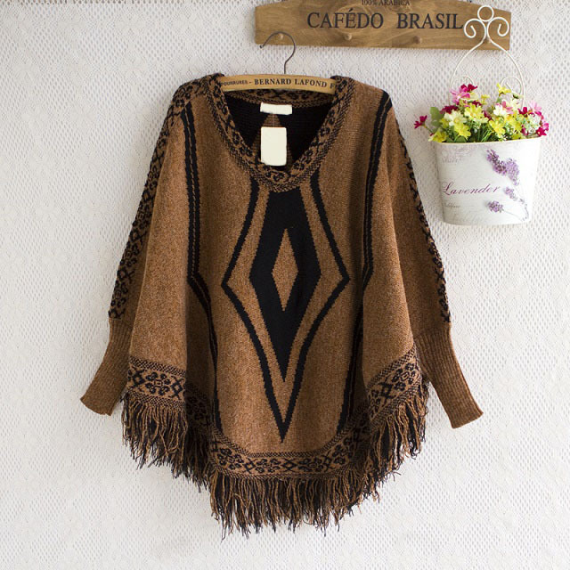 秋冬新款流苏套头披肩蝙蝠袖园领毛衣针织衫斗篷外套详情14