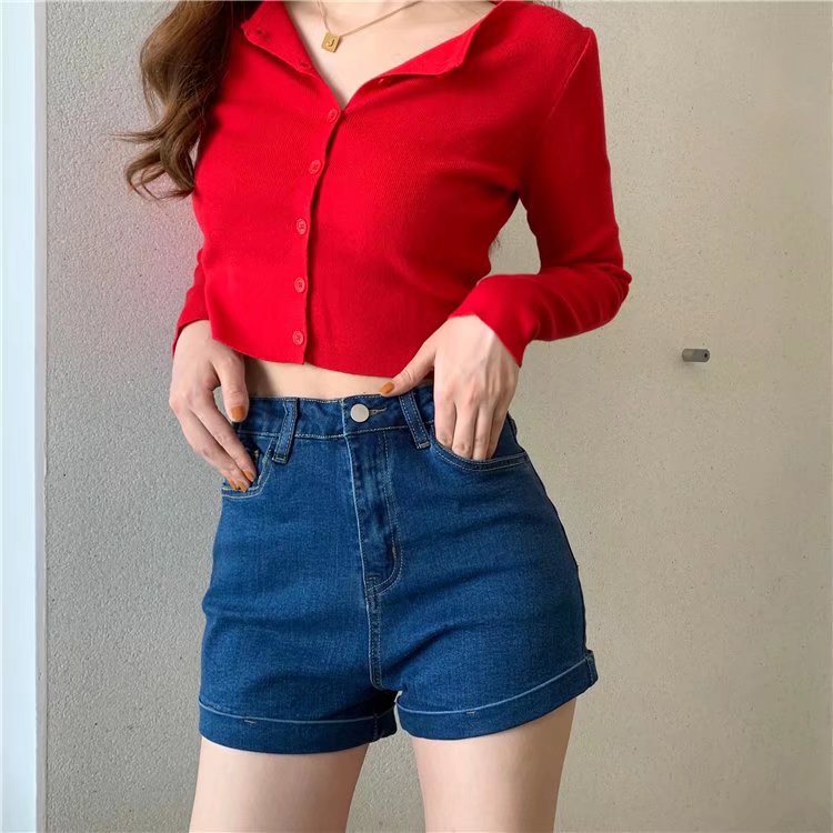 Wholesale of slim Hyuna style versatile rolled-up hot pants for women, high-waisted, light-colored tight denim shorts pic 60