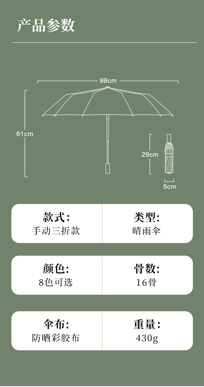 三折16骨雨伞手开晴雨伞实木手柄遮阳伞彩胶防晒太阳伞详情15