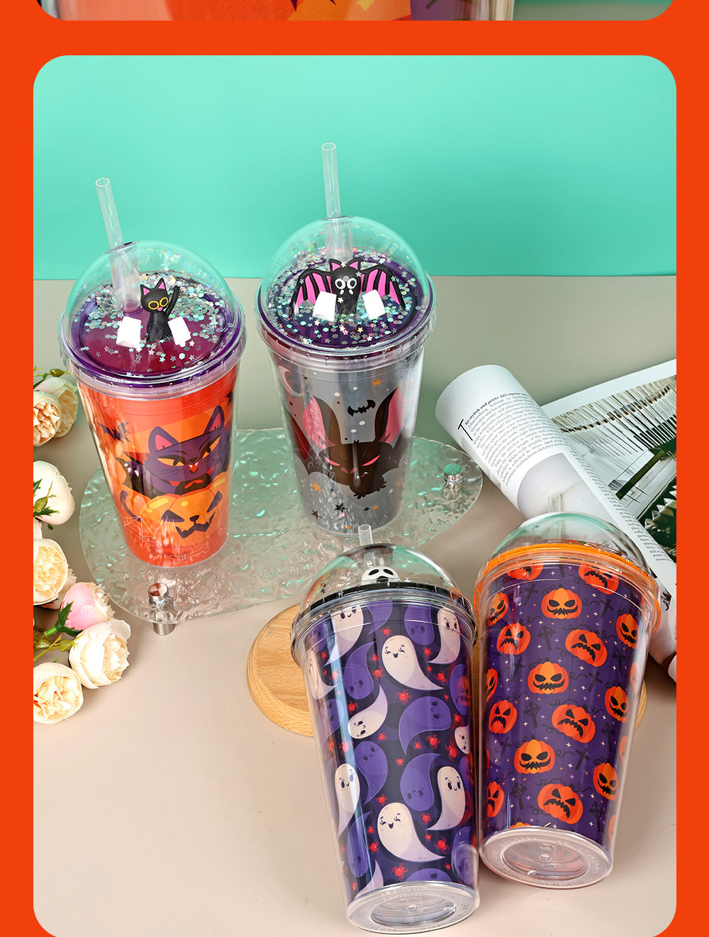 30013 450ml Halloween Micro-Landscape Cartoon Sequin Water Cup Double-layer Plastic Straw Cup Summer Ice Cup pic 18