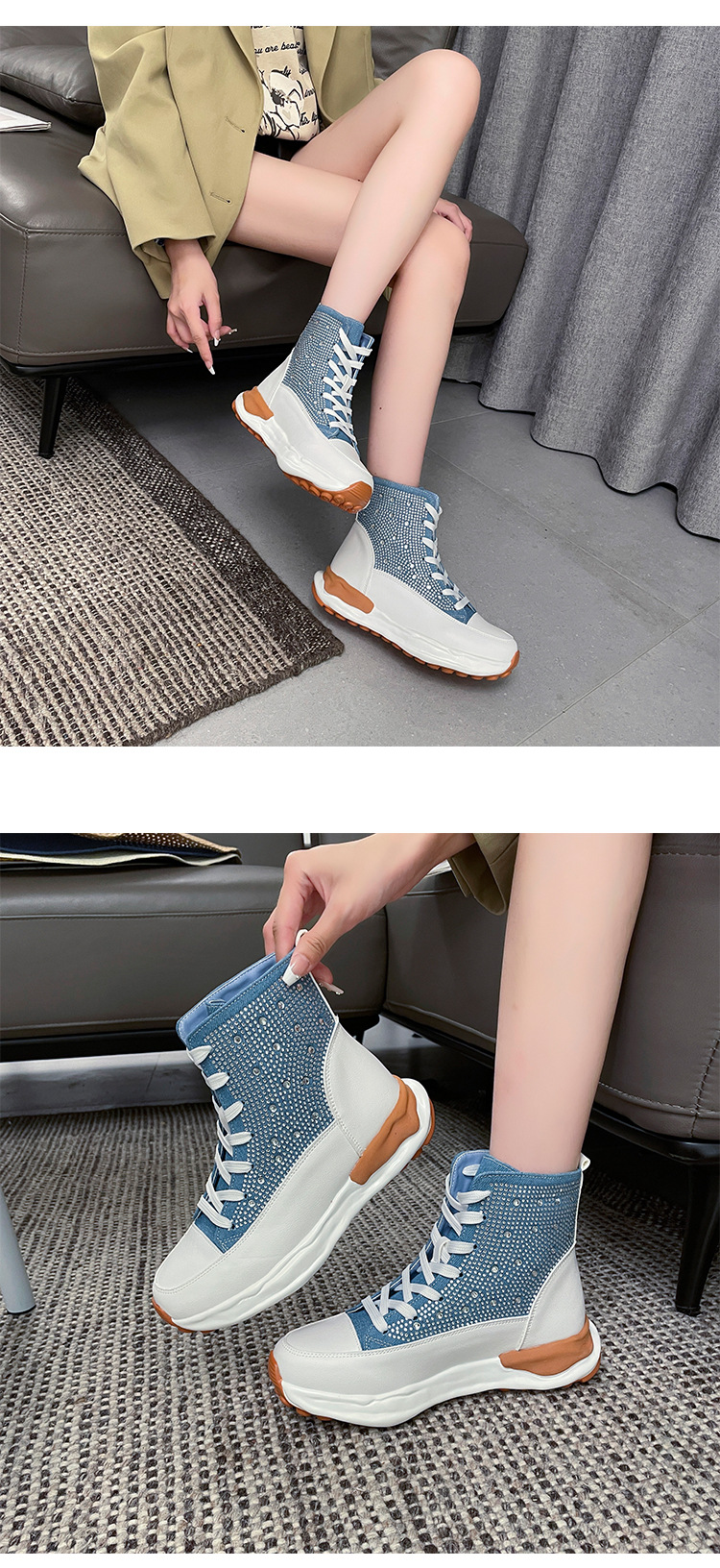 大码外贸单鞋2023新款秋季牛仔布厚底高帮水钻休闲鞋舒适运动鞋女详情13