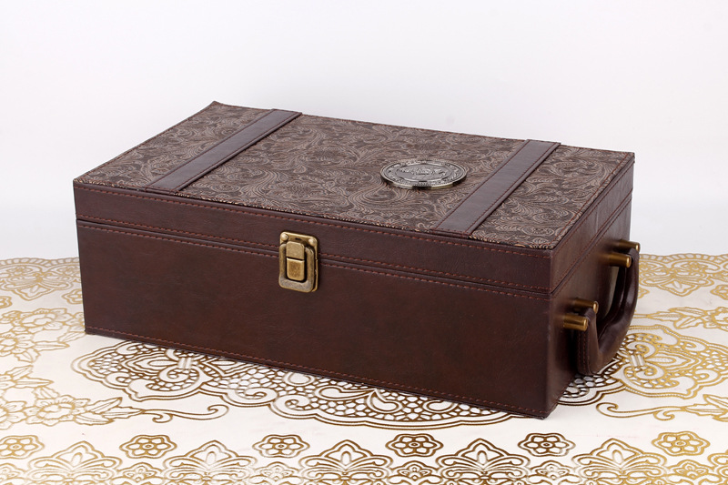 Double-bottle in-stock wine box, red wine leather box, wine box packaging, high-end single-bottle gift box, red wine box pic 5