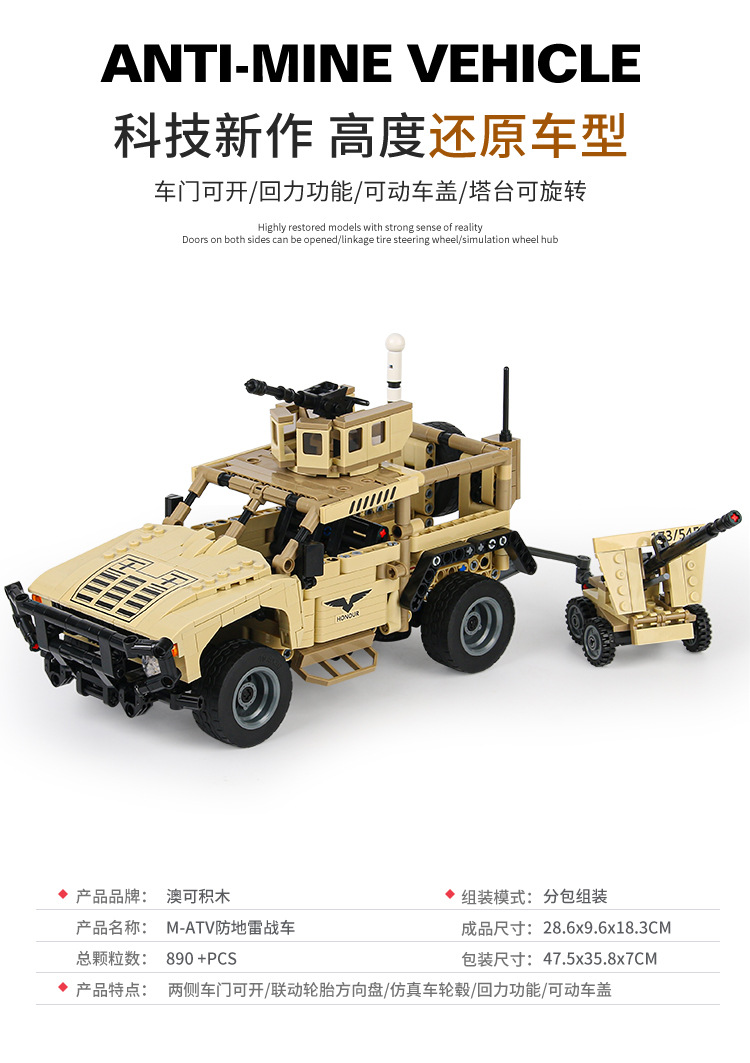 M-ATV anti-mine armored vehicle, Military 890 building block tank, realistic model, small particle assembly, boy toy worker pic 4