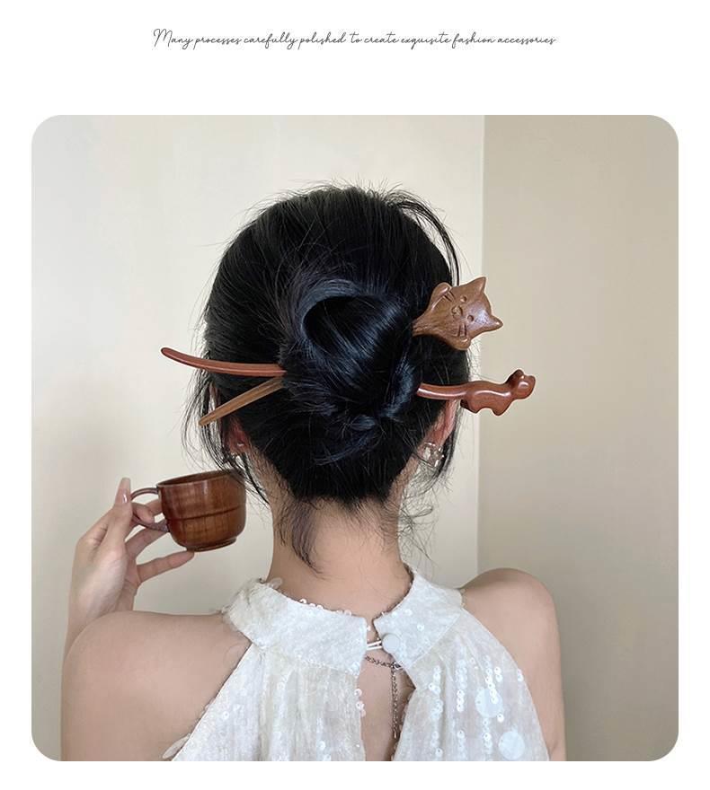 国风国潮可爱猫咪发簪女古风新中式木质发张簪子u型发钗檀木小众木簪头饰详情9