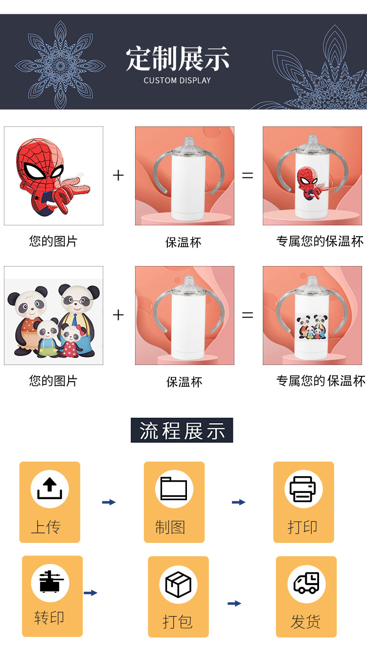 Heat transfer 12oz pacifier cup, 304 stainless steel pacifier, children and students, straw, creative insulated cup pic 6