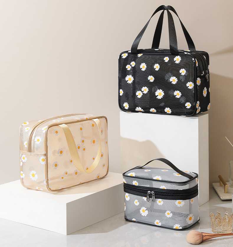 新款小雏菊网纱透气洗漱化妆包手提网纱化妆大容量简约旅行收纳包详情8