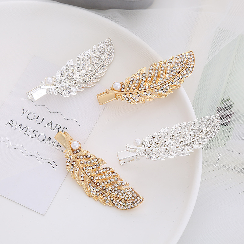 Japanese and Korean diamond-encrusted imitation pearl feather hair clips, fashionable and elegant side clips, bangs clips, simple and internet-famous hair clips pic 1