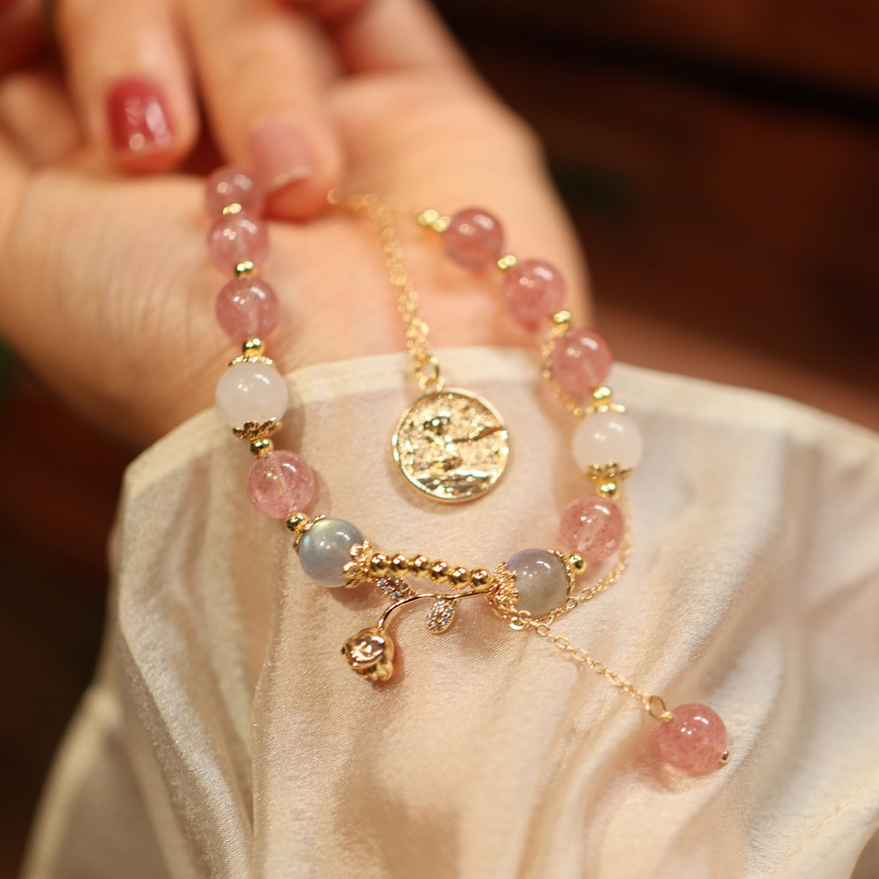 Natural strawberry crystal beaded bracelet, Little Prince and rose pendant bracelet, niche design sense jewelry pic 13