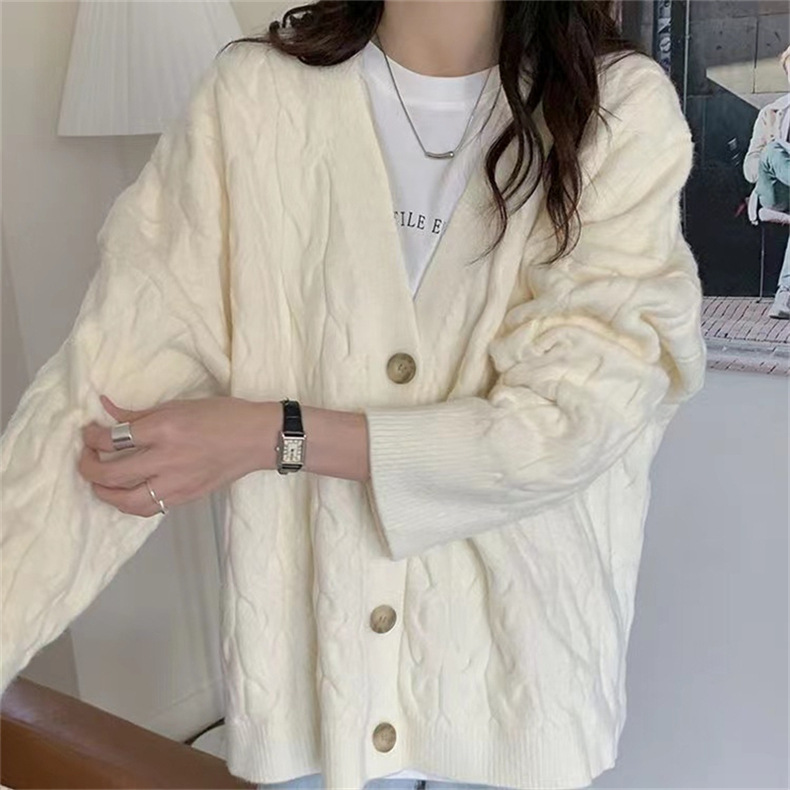 复古麻花毛衣外套女秋冬季韩版宽松慵懒风v领长袖针织开衫上衣女详情9