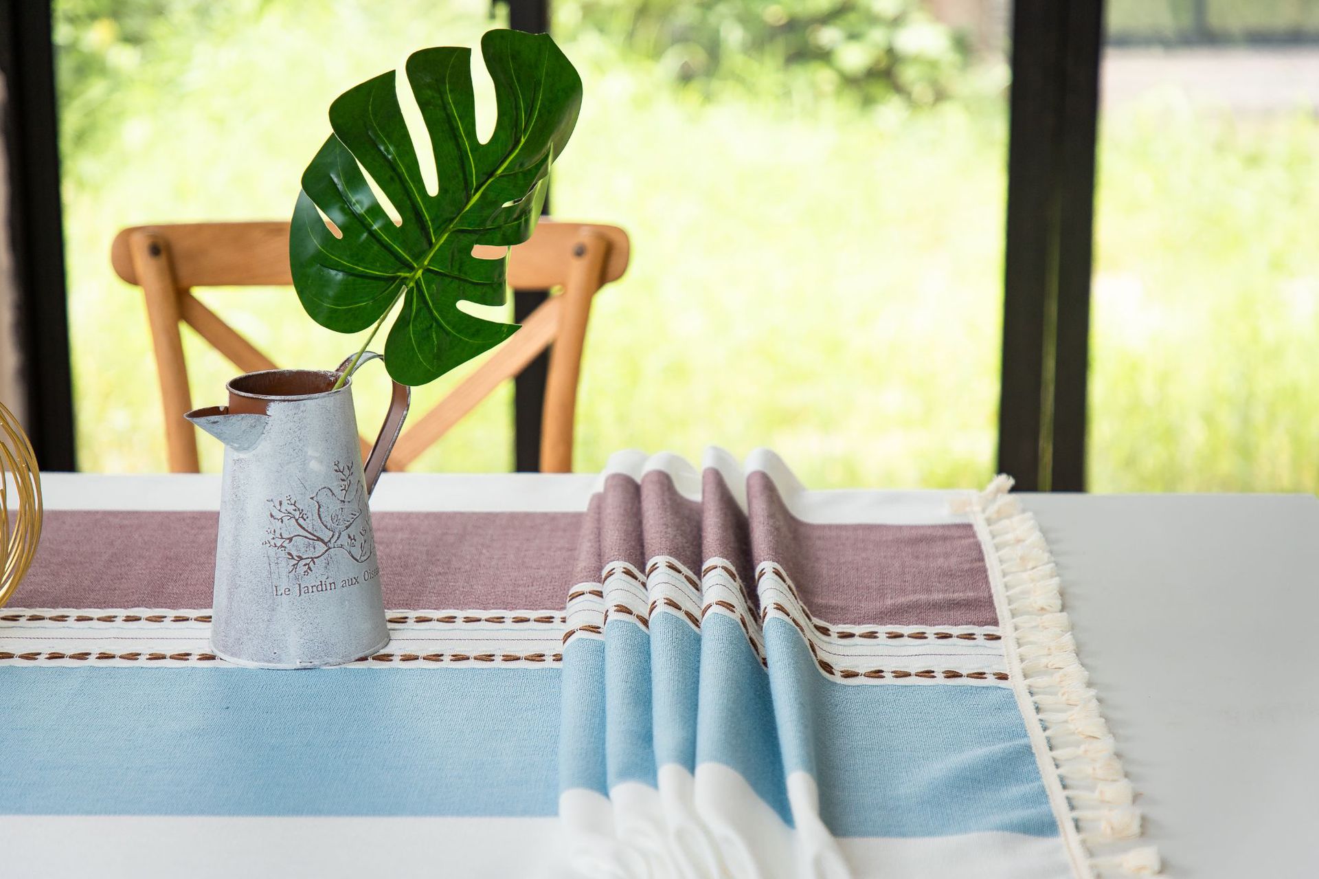 Cross-border Japanese color-blocking and color-blocking embroidered tassel tablecloths, kitchen, dining room, party, family table cover decoration, cotton and linen pic 20