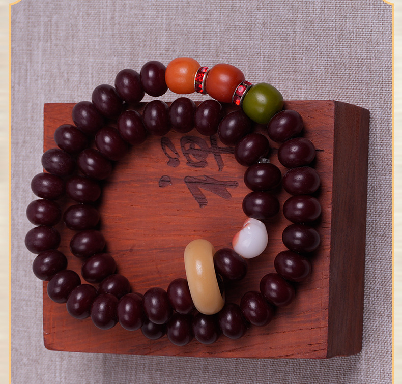 原产天然红米菩提两圈手串带跑环精致炭烧招财猫手情侣男女款文玩详情8