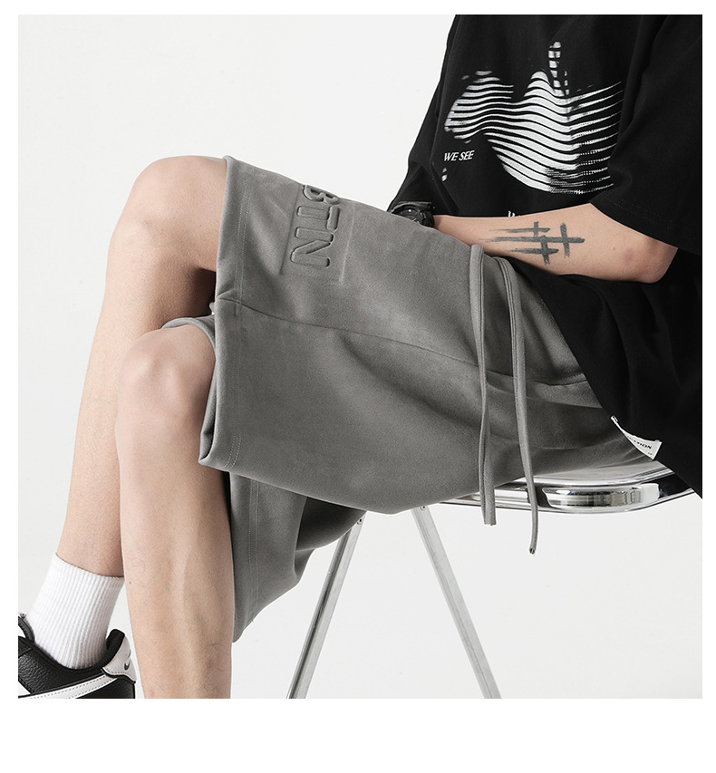 休闲短裤男生夏季新款麂皮绒宽松弹力五分裤美式钢印直筒运动裤子 pic 23