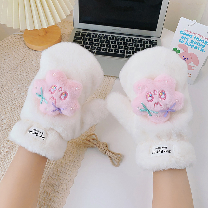 可爱卡通星星手套少女心加厚毛茸茸冬季加绒保暖连指骑车开车围巾详情15